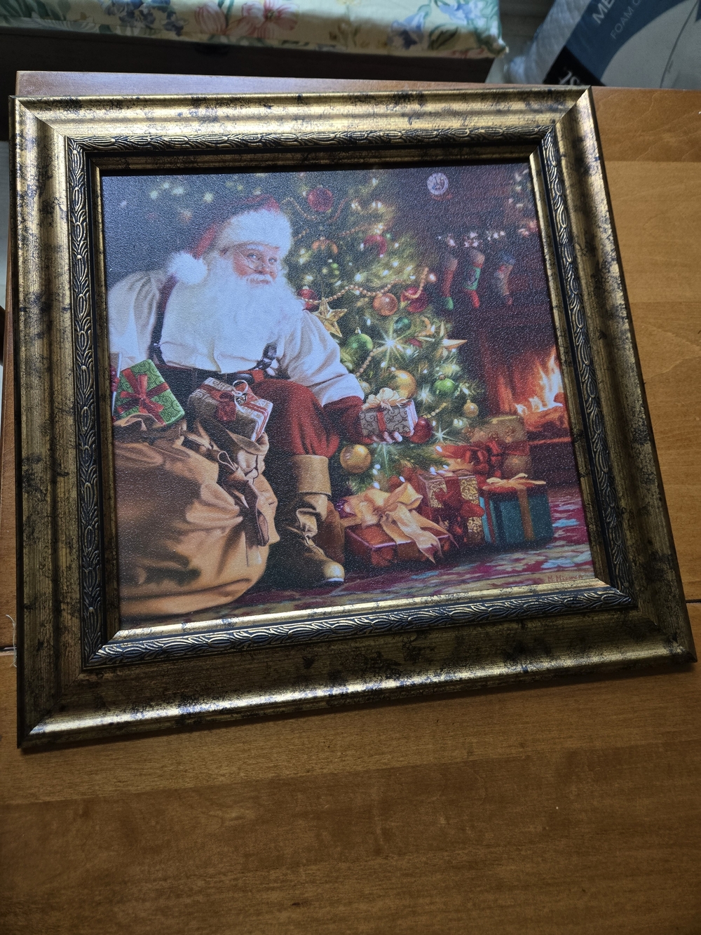 Gold Framed Santa Holiday Wall Art - Festive Red & Green Print